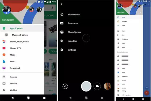 從左到右分別是 Play Store，Google Camera 及 Inbox